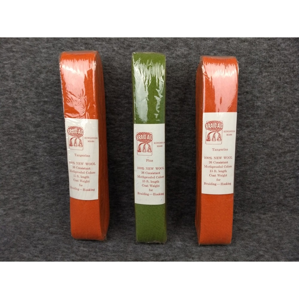3 Braid-Aid 100% New Wool Strips Rug Hooking Braiding Orange & Green 15' Vtg NEW